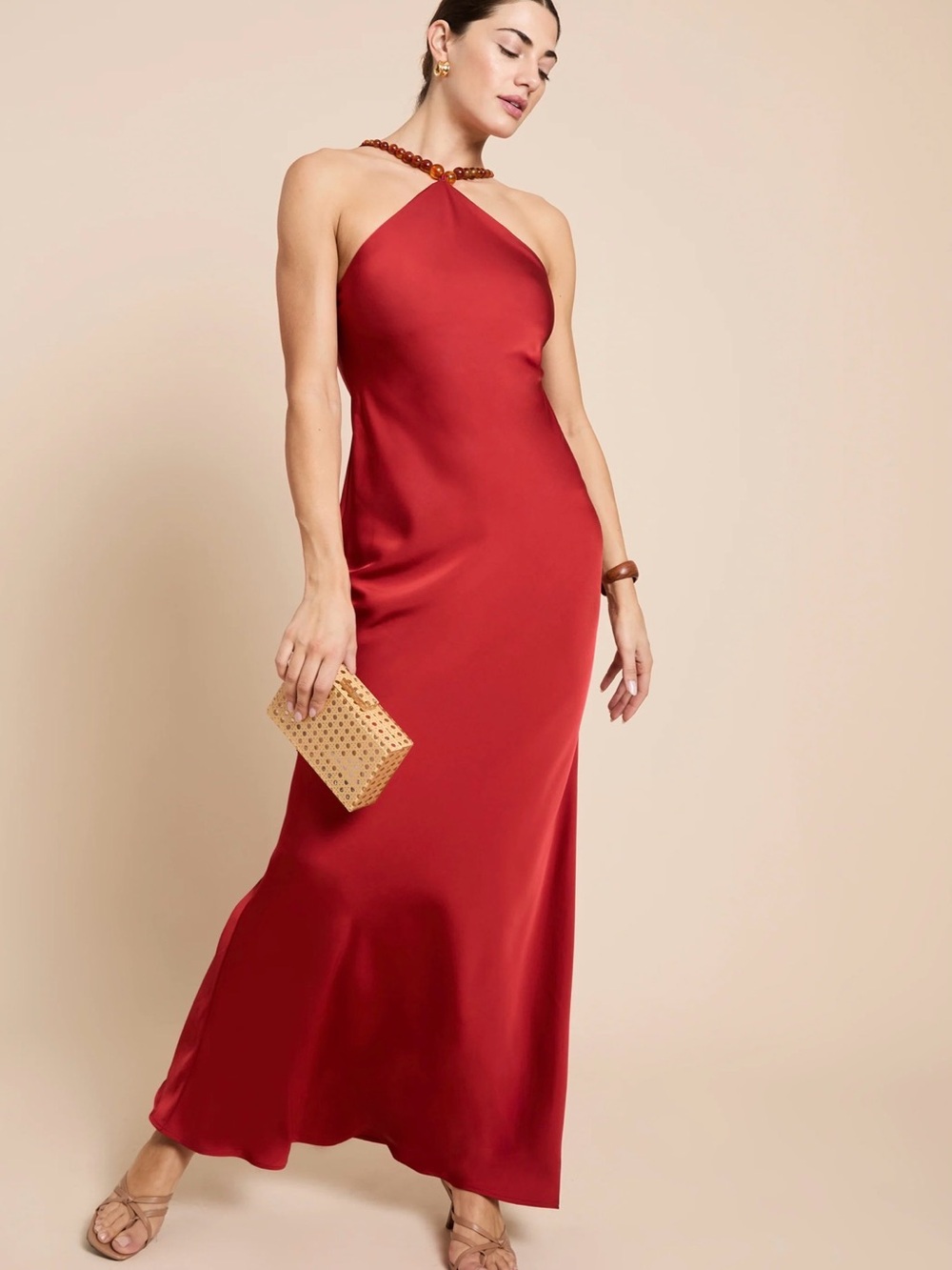 Red Halter Satin Maxi Dress with Beaded Neckline